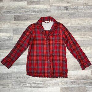 Soft Surroundings red plaid ruffle long sleeve button down size small K3